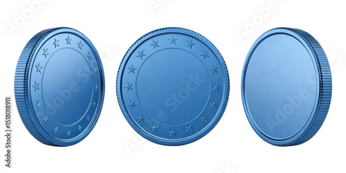 Shiny blue coin with smooth surface and star patterns around edge is displayed from three angles, showcasing its unique design and color