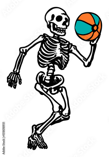 Playful Skeleton Doodle Holding a Colorful Basketball in Modern Illustration