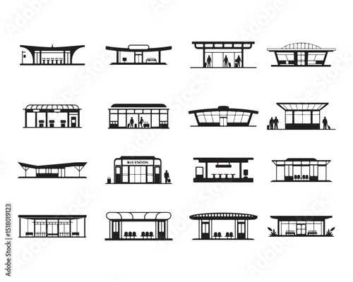 Collection of black and white silhouettes of various bus station and stop designs vector art on white