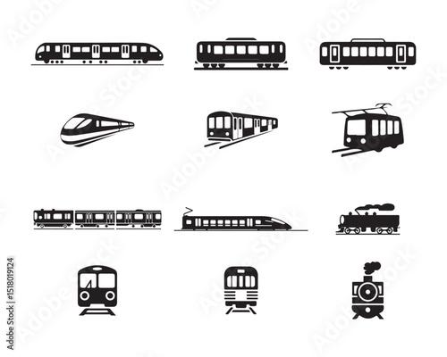 A set of diverse train icons in black and white, representing various types of rail transportation.