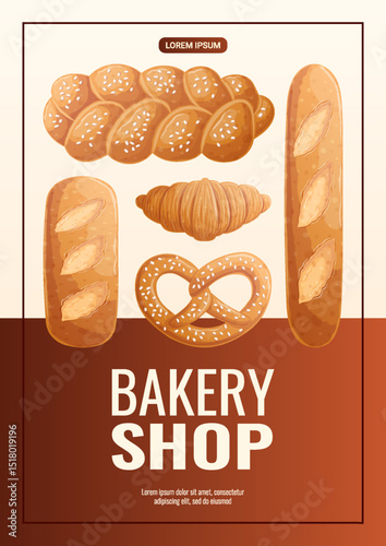 A design template for a bakery shop flyer. Various types of baking. The concept of confectionery, cooking, bakery. A4 vector illustration for posters and banners