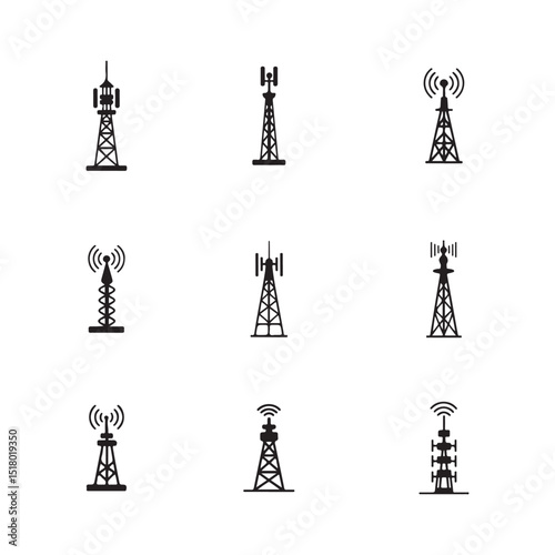 a set of nine simple, black silhouette icons of communication towers.