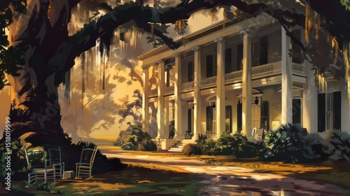Southern plantation house with wraparound porch, rocking chairs, and moss-draped oak trees