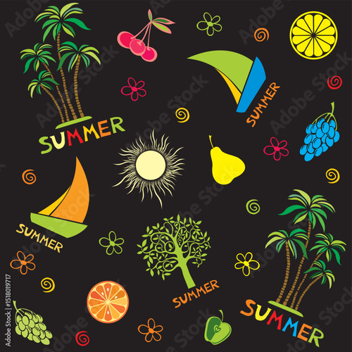 Summer seamless pattern. Fashion print design. Beach party.  Flat style. Good for textile fabric design, wrapping paper, website  Vector illustration 