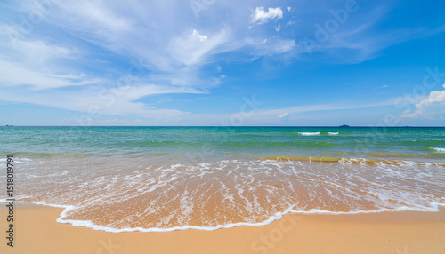 Sea sand sky and summer day for vibrant beach scenery, relaxing coastal vibes, and sunny vacation background