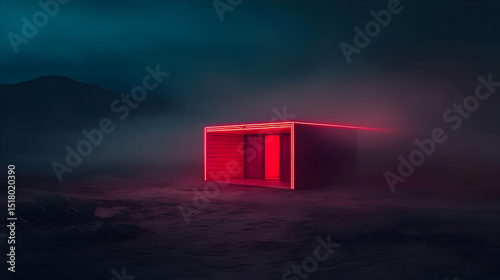 Red Neon Cube Structure In Foggy Landscape
