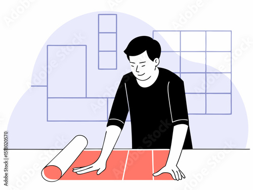 A minimalist illustration of a man meticulously unrolling a design plan, likely for interior design or architecture.