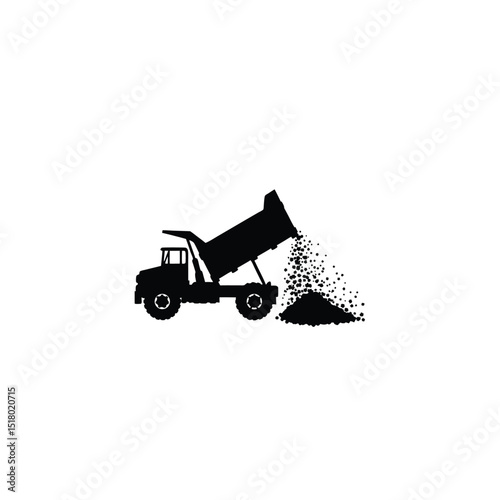 Silhouette of a dump truck unloading gravel on white background