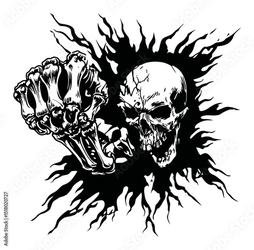 Dramatic Skull and Fist Illustration with Bold Black Design Elements