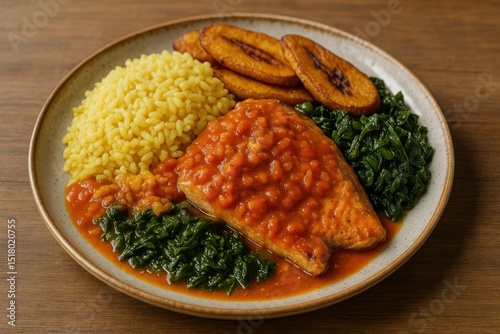 Comorian dish with yellow rice, grilled fish, greens and plantains. AI-generated. photo