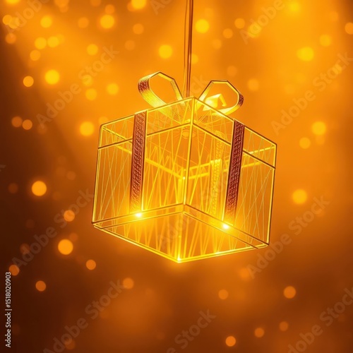 Gift box made of light hanging against a golden sparkling background during a festive celebration