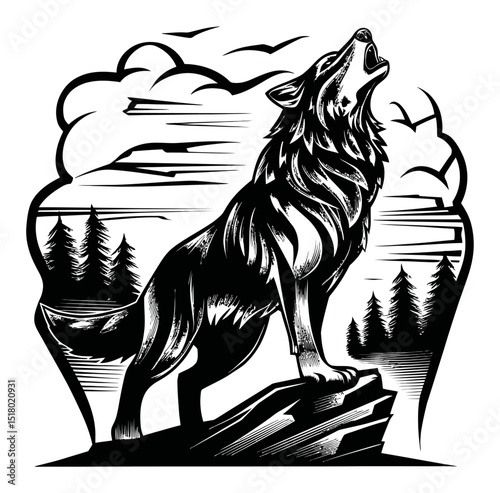 Howling Wolf Linocut Engraving Art in Black and White Style