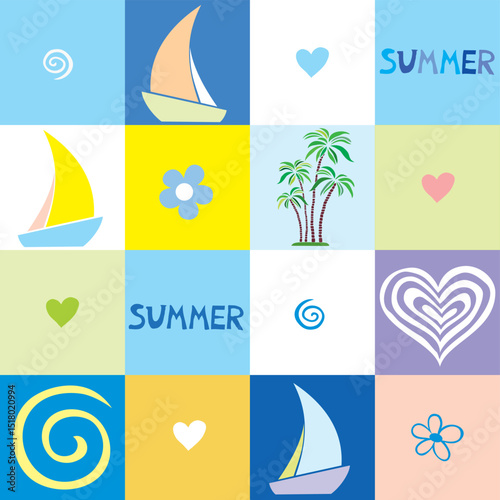 Summer seamless pattern. Fashion print design. Beach party.  Flat style. Good for textile fabric design, wrapping paper, website  Vector illustration 