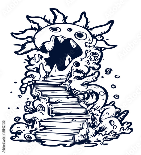 Surreal Monster Rising from Steps in Artistic Engraving Style