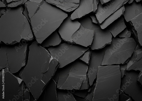 A close-up of a dense, textured surface composed of numerous dark grey, irregularly shaped slate fragments, creating a rough, fragmented pattern