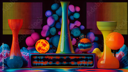 Colorful Abstract Still Life Arrangement With Vases And Decorative Objects
