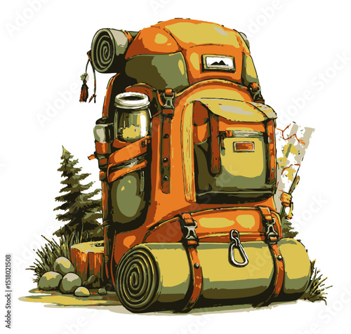 Detailed Hand-Drawn Illustration of a Modern Backpack in Nature Settings