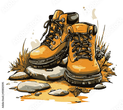 Hand-Drawn Modern Vector Illustration of Hiking Boots on Rocks in Nature