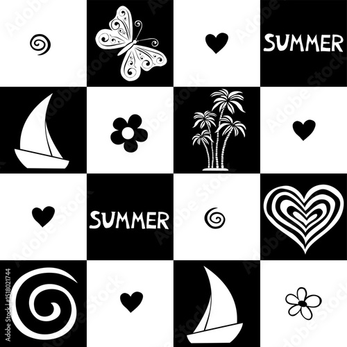 Summer seamless pattern. Fashion print design. Beach party.  Flat style. Good for textile fabric design, wrapping paper, website Vector illustration 