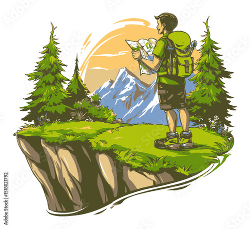 Modern Hand-Drawn Vector Illustration of a Hiker Standing on a Cliff