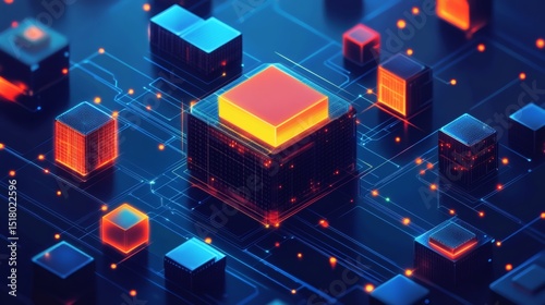 Abstract digital data network glowing with red and blue light.