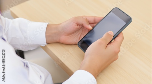 A person using a smartphone while sitting at a wooden table with a clean background.
