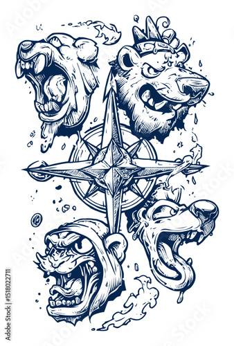 Intricate Hand-Drawn Lion and Bear Illustrations with Nautical Compass Design