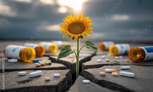 A sunflower grows from cracked ground among discarded medication bottles, symbolizing hope.