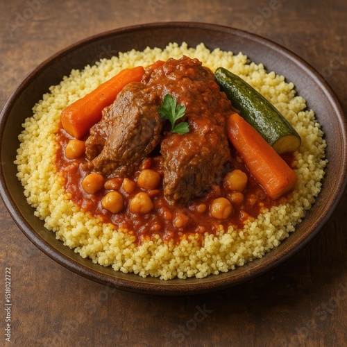 Mauritanian couscous with lamb, chickpeas, carrots and sauce. AI-generated. photo
