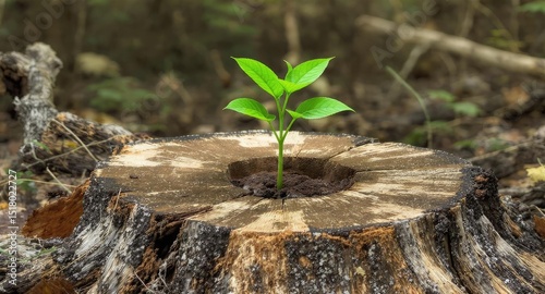 A small green plant growing from a tree stump in a serene forest setting.