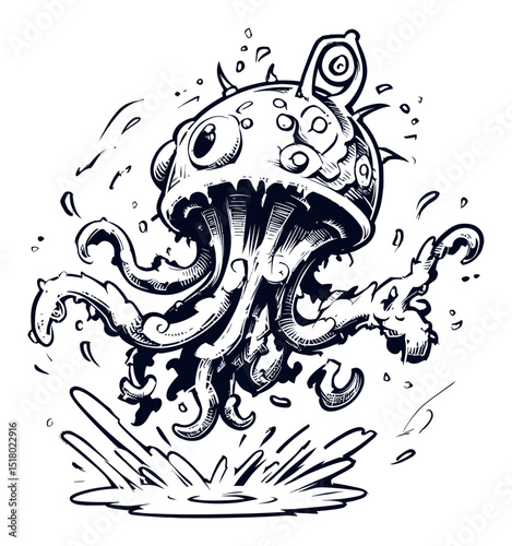 Modern Hand-Drawn Illustration of a Jellyfish with Unique Design Elements