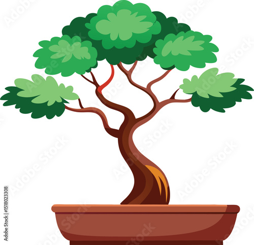 Minimalist Green Bonsai Tree in Pot Illustration