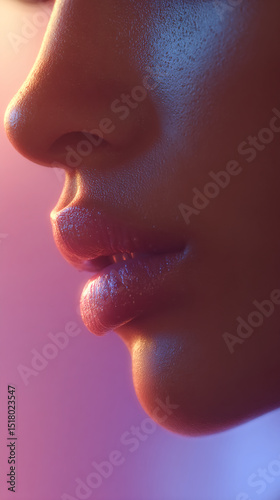 Close-up of a woman's lips and nose, showcasing smooth skin texture and subtle lighting, suggesting beauty and skincare concepts
