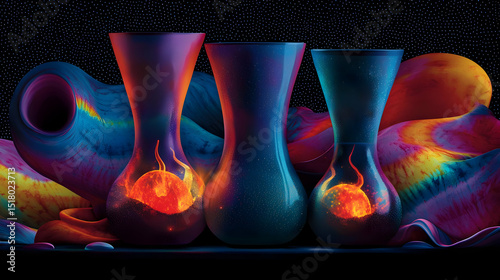 Colorful Glowing Vases With Fire At Night