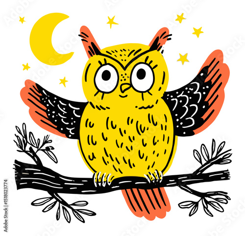 Hand-drawn Illustration of a Colorful Owl with Night Sky Elements
