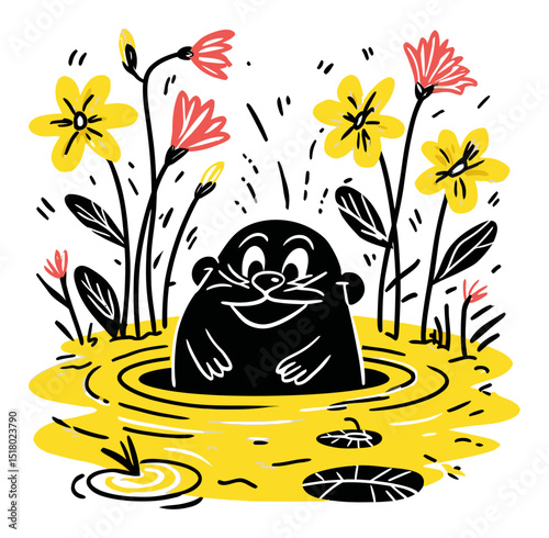 Playful Hand-Drawn Illustration of a Cartoon Mole Surrounded by Flowers