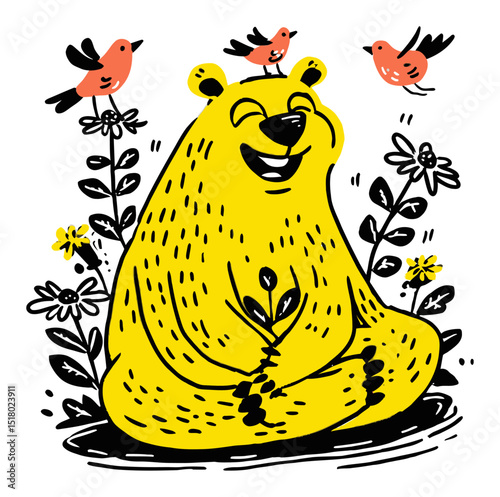 Cheerful Yellow Bear Sitting Among Flowers and Birds in Modern Illustration