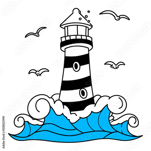 Hand-Drawn Modern Illustration of a Striped Lighthouse Amidst Waves and Birds