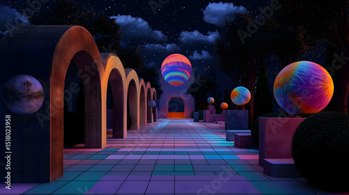 Pixelated Night Garden Path With Colorful Spheres