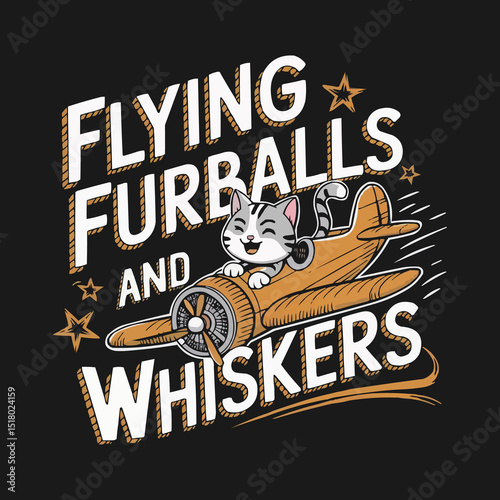 Whimsical Flying Furballs and Whiskers Design Featuring a Cool Cat in Sunglasses Piloting For Vintage T-shirt Airplane Vector Art