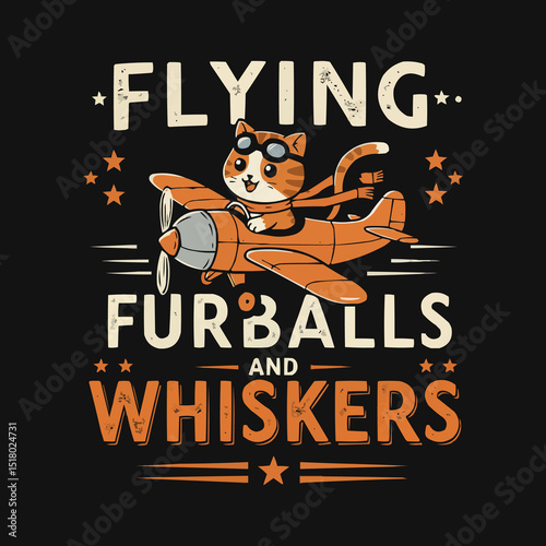 Flying Furballs and Whiskers: Adorable Cartoon Cat Pilot Soaring Through the Sky in a Vintage Airplane T-Shirt Design