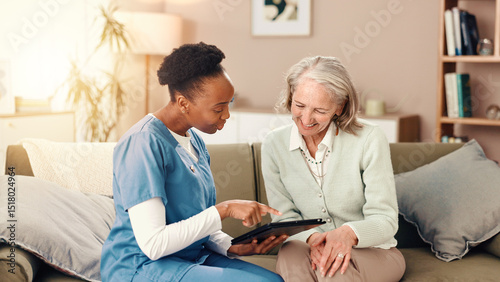 Tablet, happy and nurse with senior woman on sofa for medical service, consulting and help. Retirement home, healthcare and caregiver with patient on digital tech for results, diagnosis and good news photo