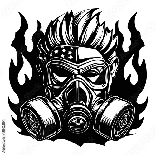 Striking Linocut Style Portrait of a Masked Figure with Flames Background