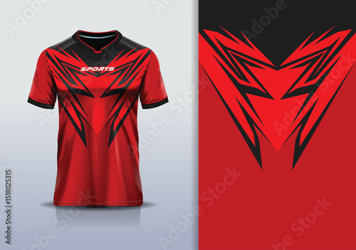 T-shirt mockup abstract sharp line jersey design for football, soccer, racing, esports, running, in red black color	
