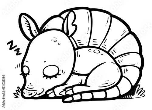 Cute Cartoon Armadillo Character Sleeping in Whimsical Style Drawing