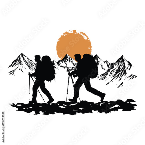 Two backpackers trekking through mountain isolated vector silhouette