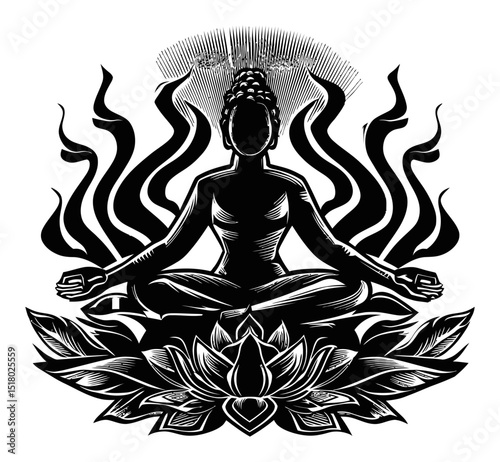 Serene Buddha Engraving with Lotus Flower and Waves of Spiritual Energy