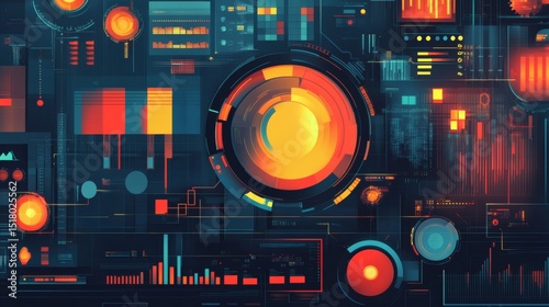 Abstract digital interface with colorful data visualizations and technological elements.