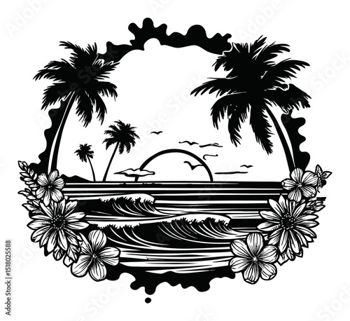 Tropical Beach Scene with Palm Trees and Sun Engraving Artwork Design