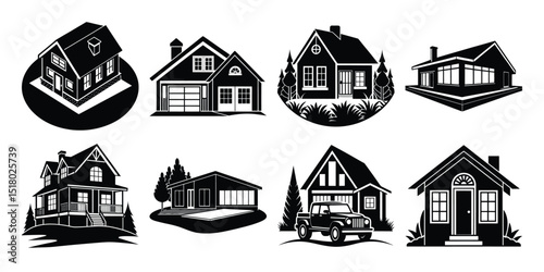 set of american craftsman house silhouette vector on white vector